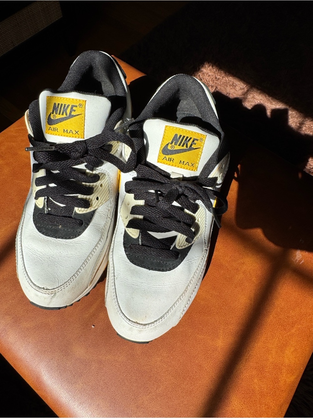 Nike White and Black Air Max Sneakers with Yellow Accents (women’s 8.5/mens 6.5)